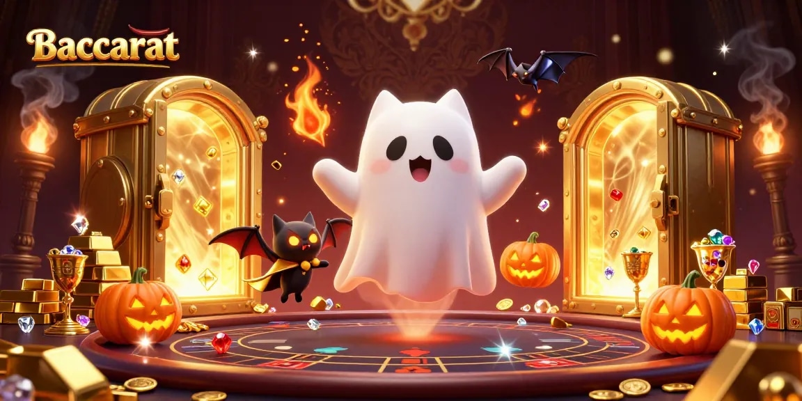 Baccarat scene featuring a ghost cat and a vampire bat in a haunted casino, surrounded by treasures.