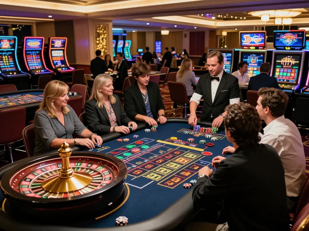 Experience the thrilling excitement of open888 at a lively casino roulette table, where players engage in strategic bets.