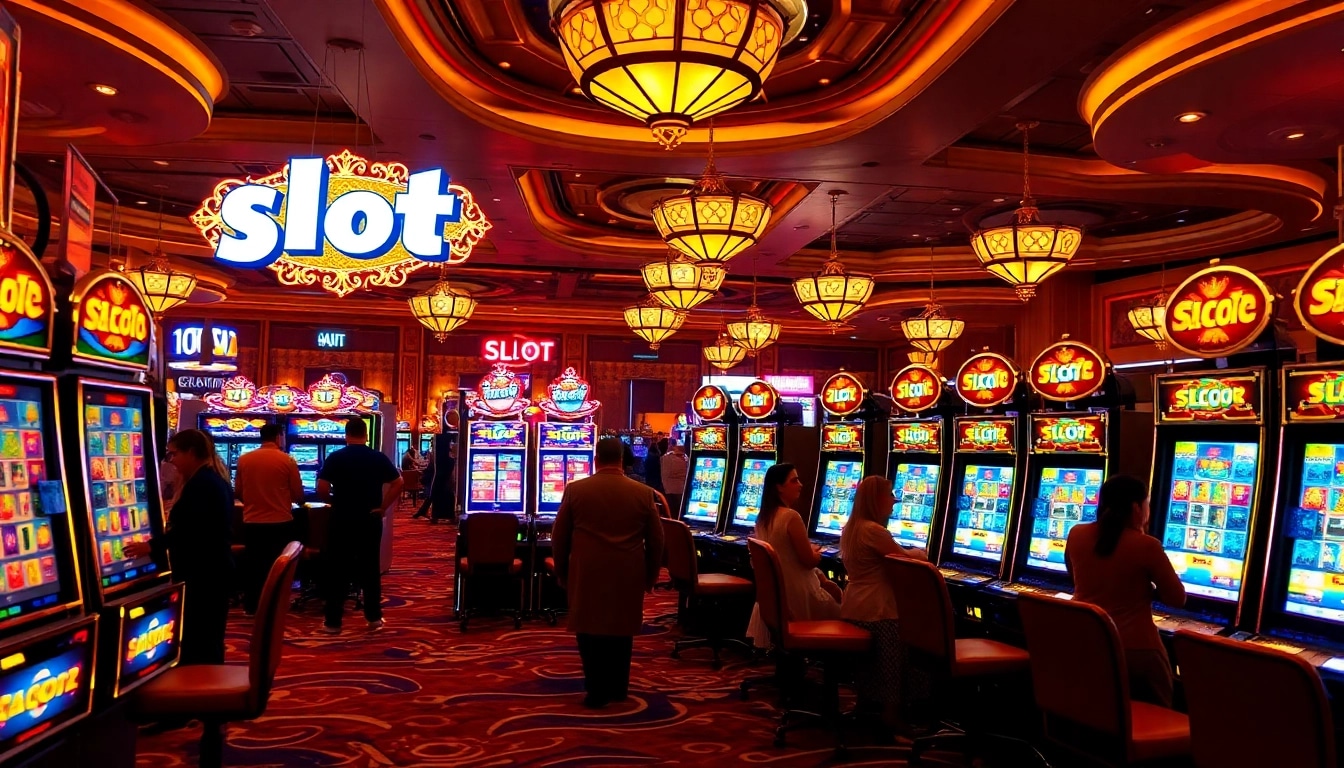 Players enjoying the thrilling "slot gacor" experience at a vibrant casino with lively machines and colorful decor.