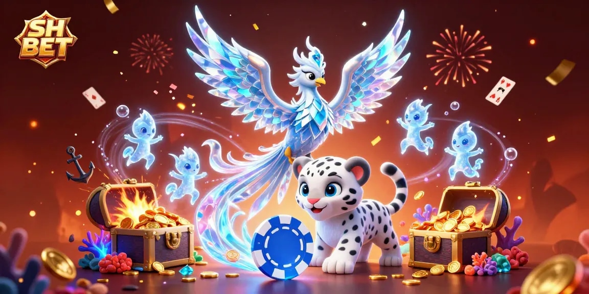 Engage in thrilling gambling action with SH BET, featuring an ice phoenix, poker chip, and vibrant casino elements.