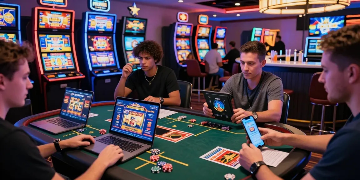 Diverse players engaging with new online casinos UK on various devices in a vibrant casino setting with lively atmosphere.
