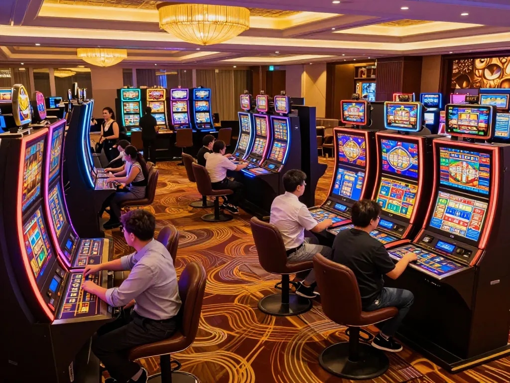 tr88 players enjoying dynamic slot machines in a spacious casino