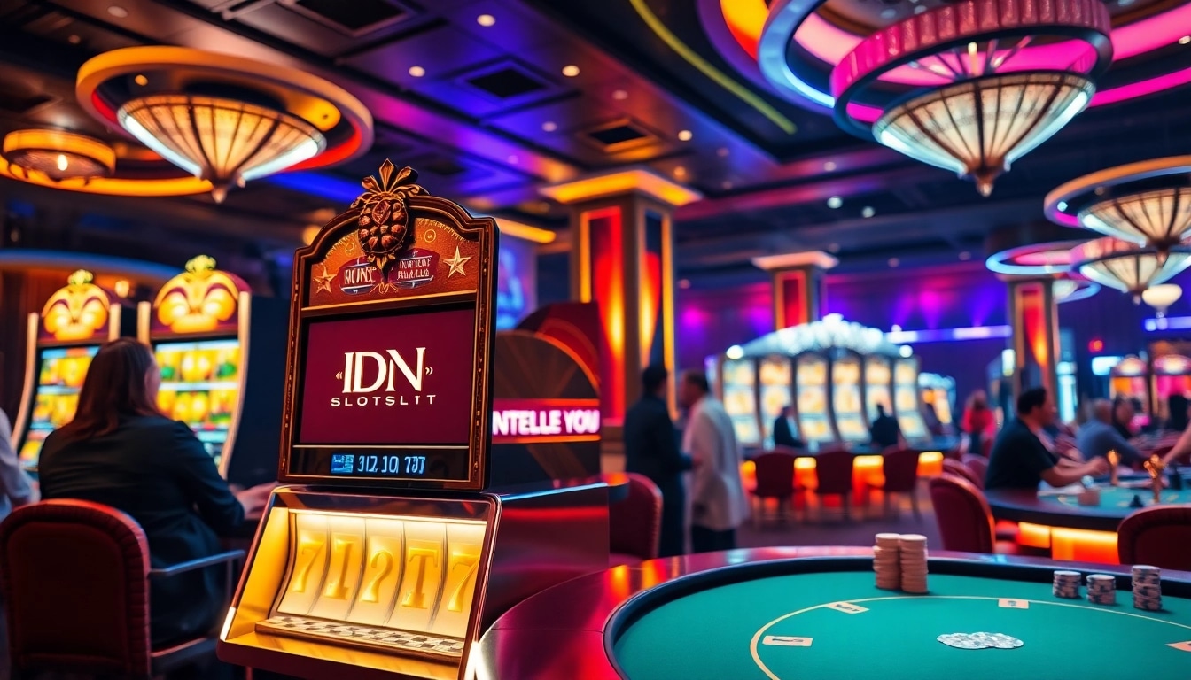A captivating scene showcasing players engaging with the IDN slot machine in a vibrant casino, filled with excitement and luxury.