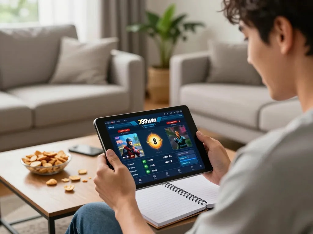 Excited player enjoying online betting at 789win on a tablet in a cozy home setting.