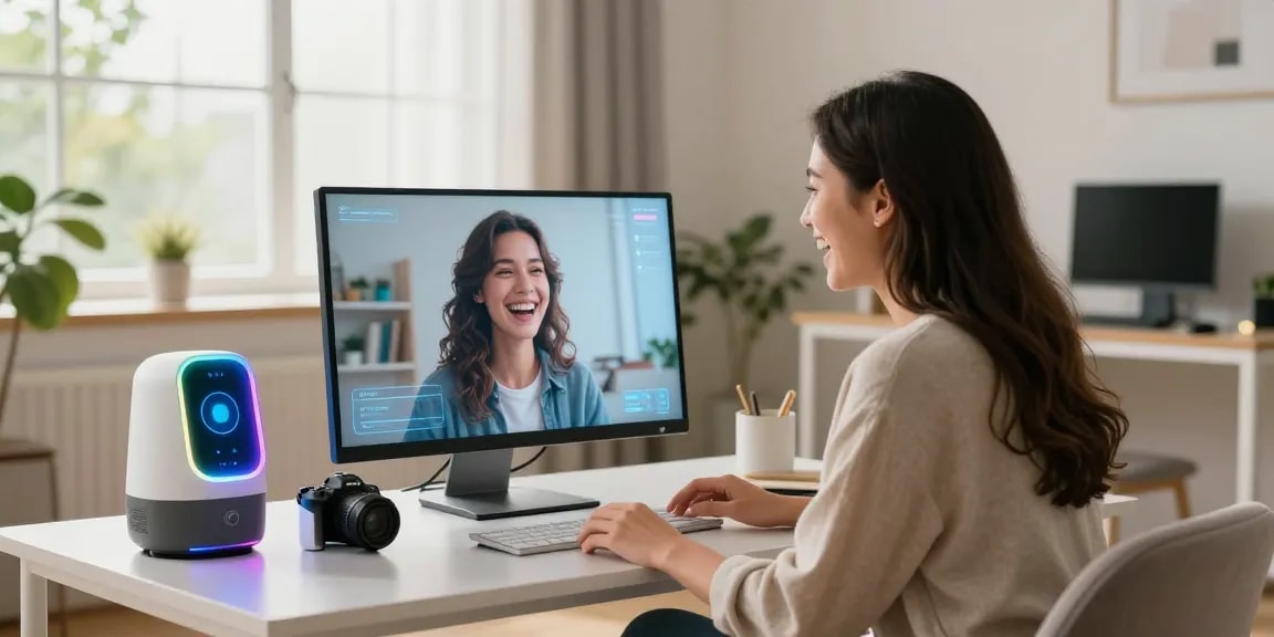 AI girlfriend conversation in a cozy modern setting, showcasing emotional connection.