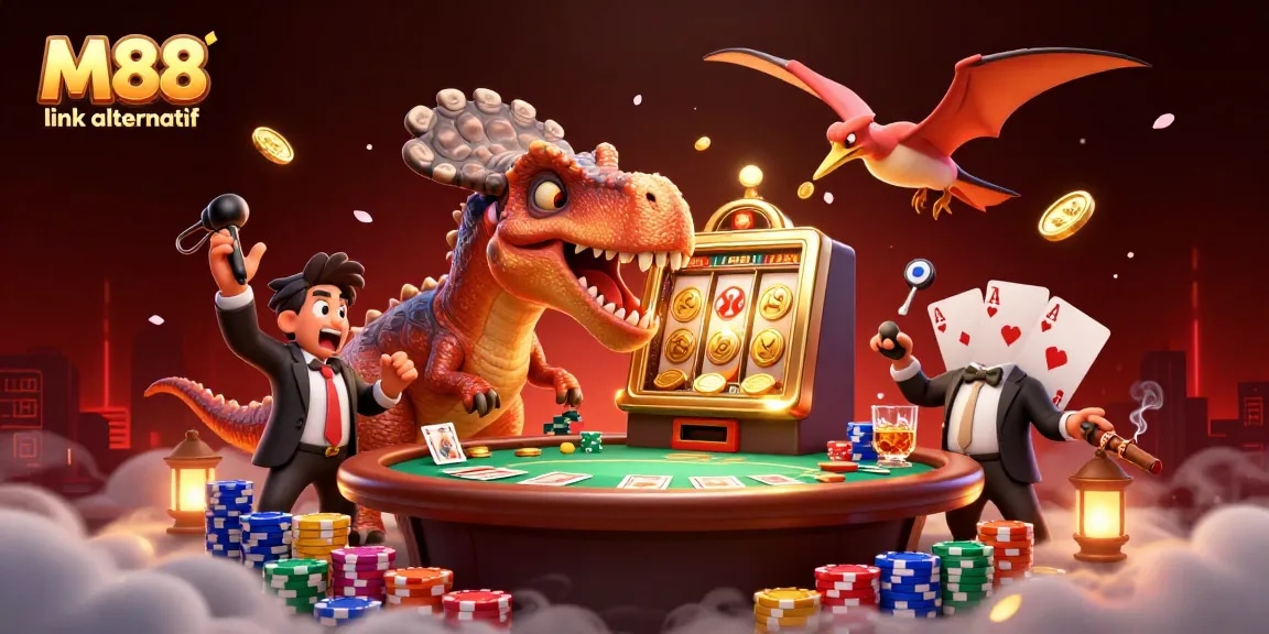 M88 link alternatif showcases a cartoon dinosaur hitting a slot machine amid flying coins, illustrating an engaging casino scene.