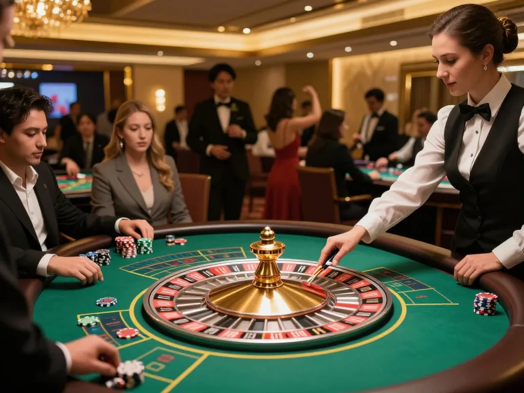 Pemain yang terlibat menikmati permainan roulette di kasino Goldwin88, menunjukkan kegembiraan dan strategi.