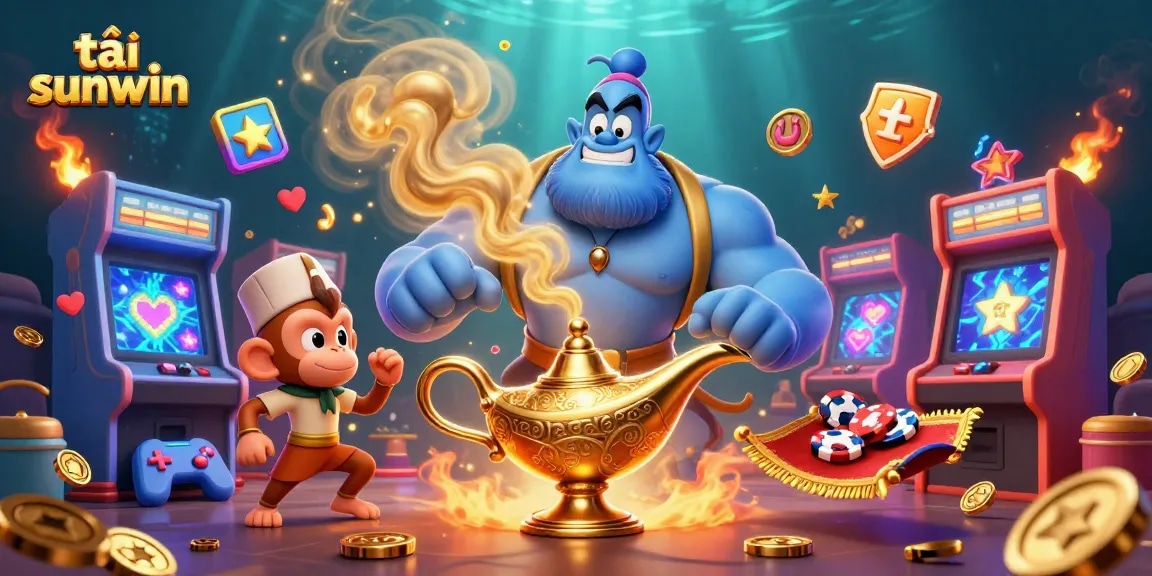 Engage with tải sunwin in this vibrant 3D illustration showcasing a genie, monkey, and poker chips.