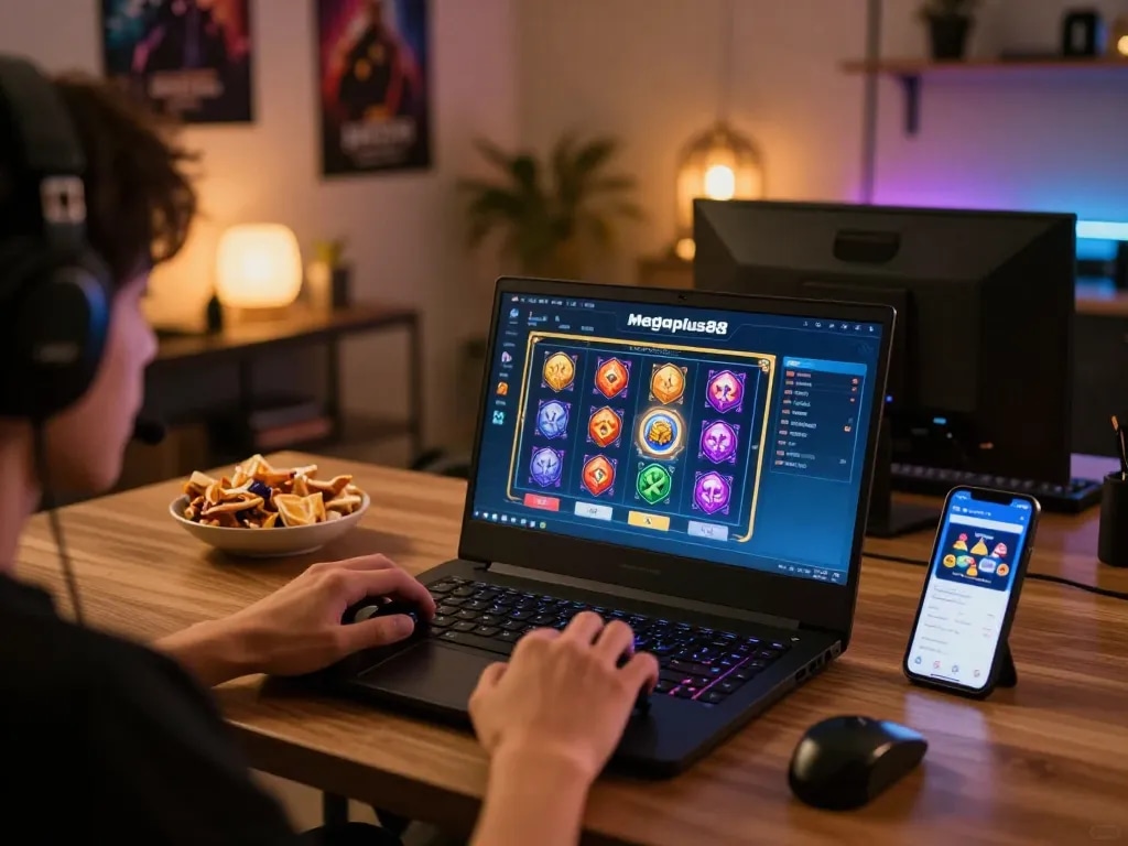 Gamer engaging in thrilling play on megaplus88 online casino, vibrant slot game displayed, cozy room setup