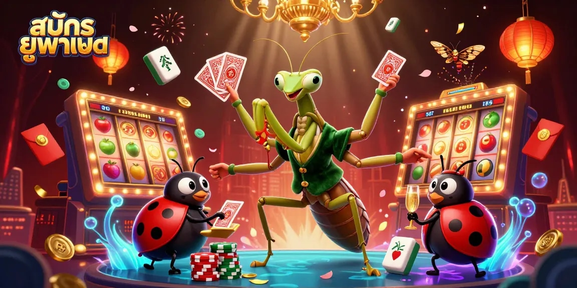 Engage with the thrilling atmosphere of สมัครยูฟ่าเบท as our cartoon mantis dealer and ladybug pit boss create an exciting casino scene.
