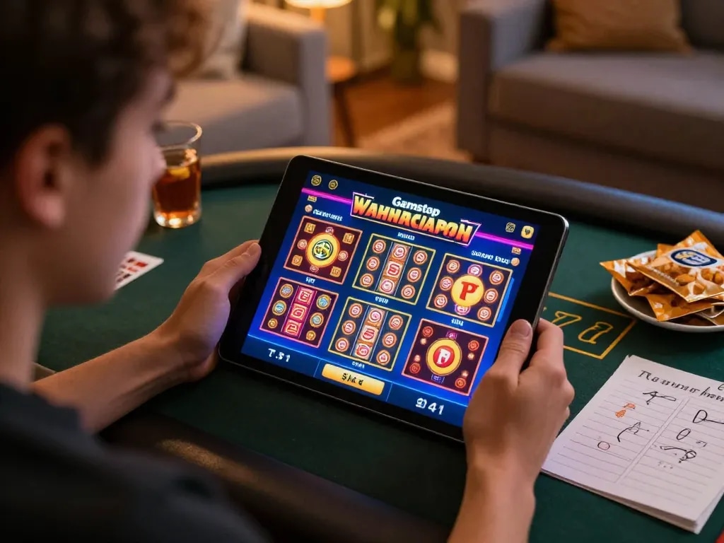 Engaging gameplay on non Gamstop casinos with a vibrant tablet display and cozy home setting.