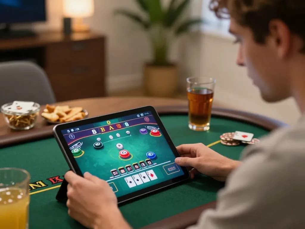 Engaged player enjoying live dealer blackjack on tablet while relaxing at home with 789WIN gaming