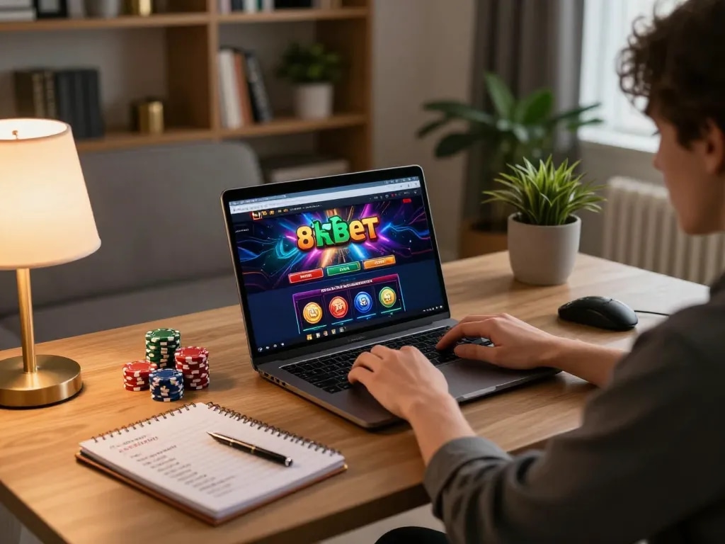 Engaged player exploring the 8xbet online casino interface with vibrant graphics and strategic notes.