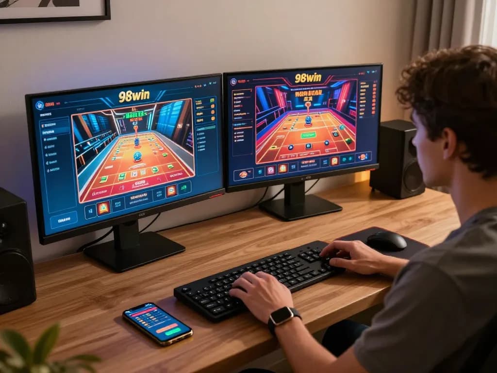 Engaging with 98win's online casino platform in a stylish home office setup, showcasing vibrant games on multiple screens.