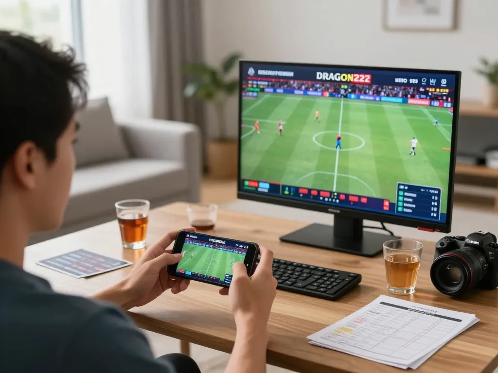 Place live bets easily with DRAGON222 app on smartphone in modern living room.