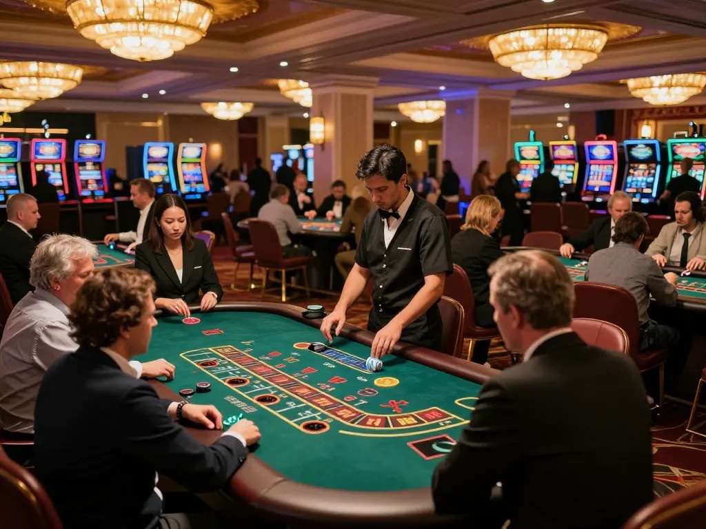 Engaging players at a trang casino happily placing bets at blackjack and roulette tables, enjoying the vibrant atmosphere