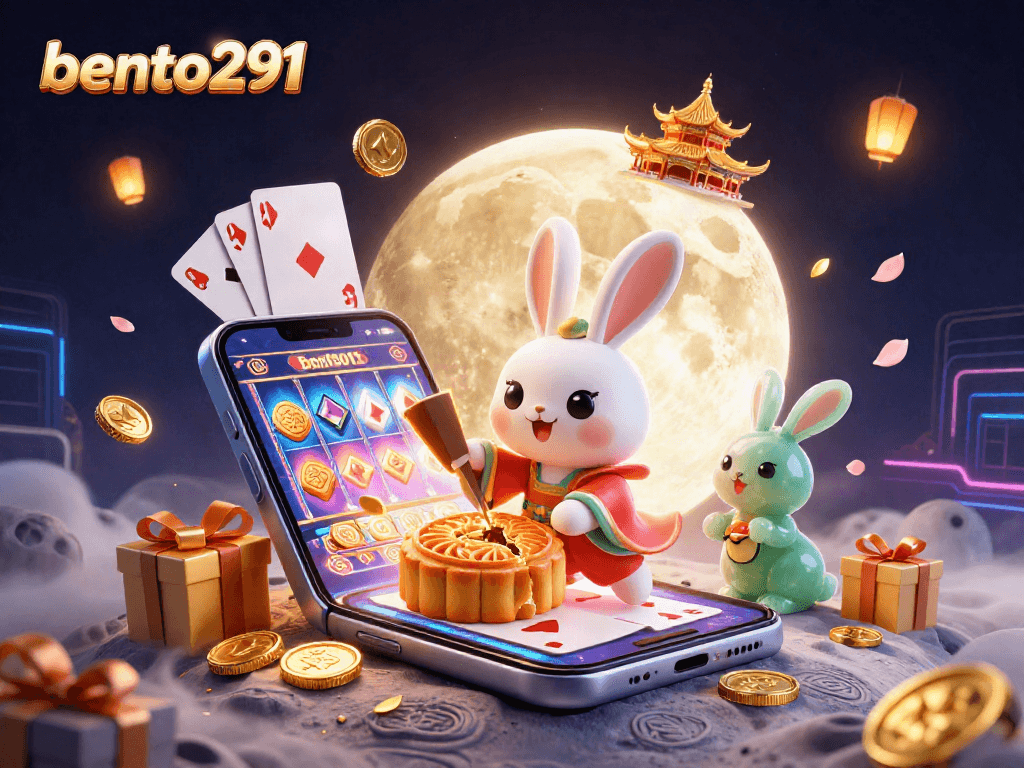 Bento291 showcases a vibrant scene with a moon rabbit character amidst casino elements like poker chips and slot games.