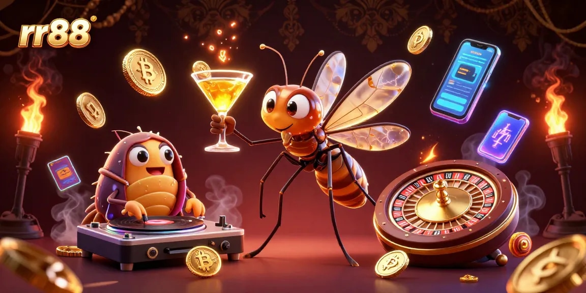 Win with rr88 at a vibrant casino scene featuring a lively mascot and golden elements.