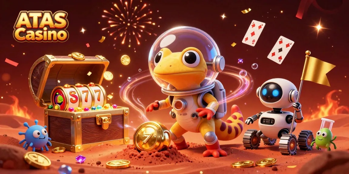 Join the excitement at ATAS Casino as a Martian gecko discovers a golden casino in a vibrant alien landscape.