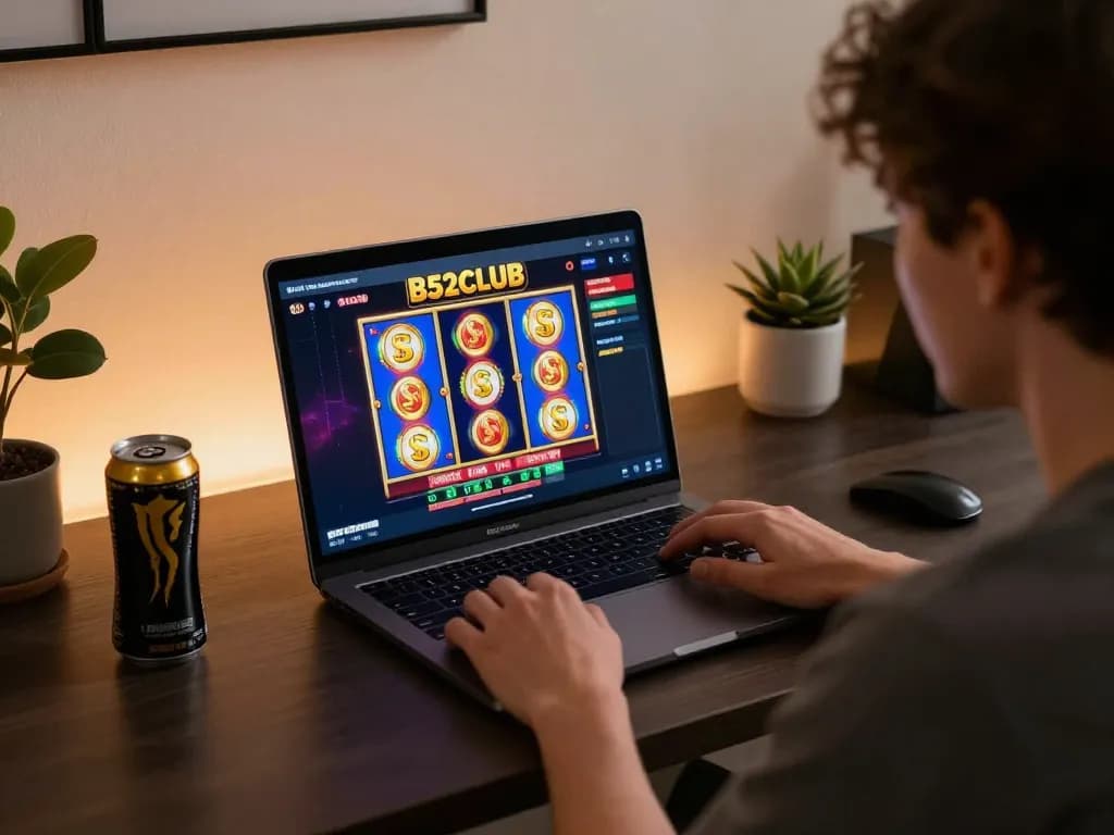 Player engaging with B52CLUB online casino on laptop while visualizing winning strategies.