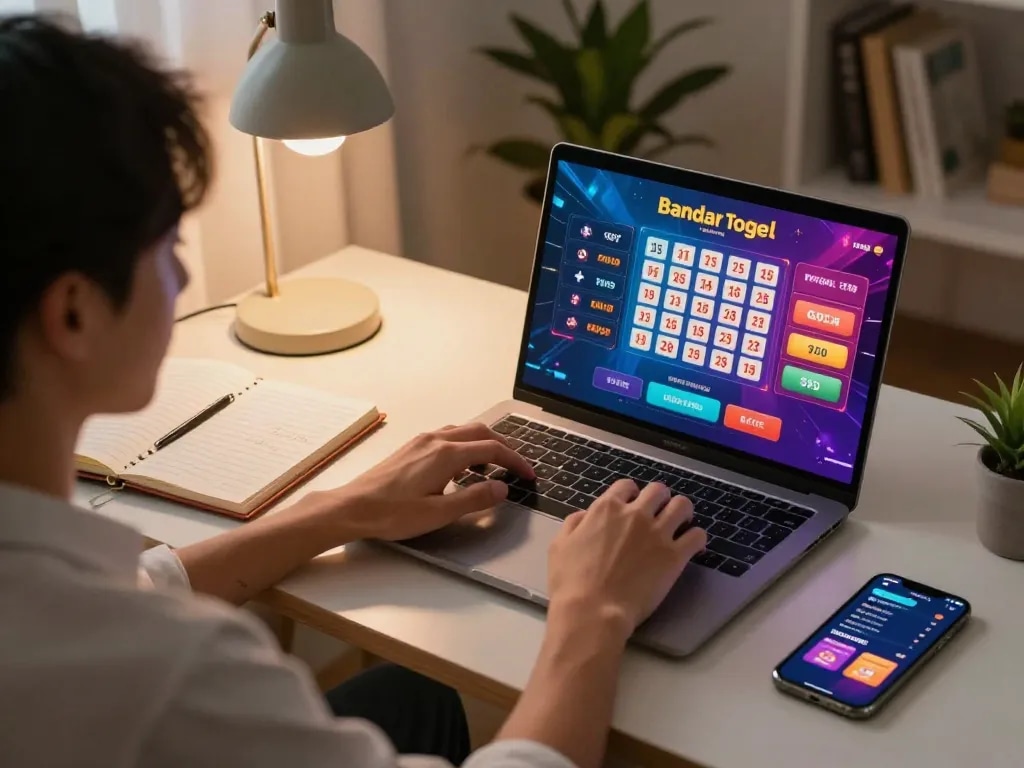 Terlibat dalam permainan bandar togel dengan laptop di rumah, menyoroti taruhan strategis.