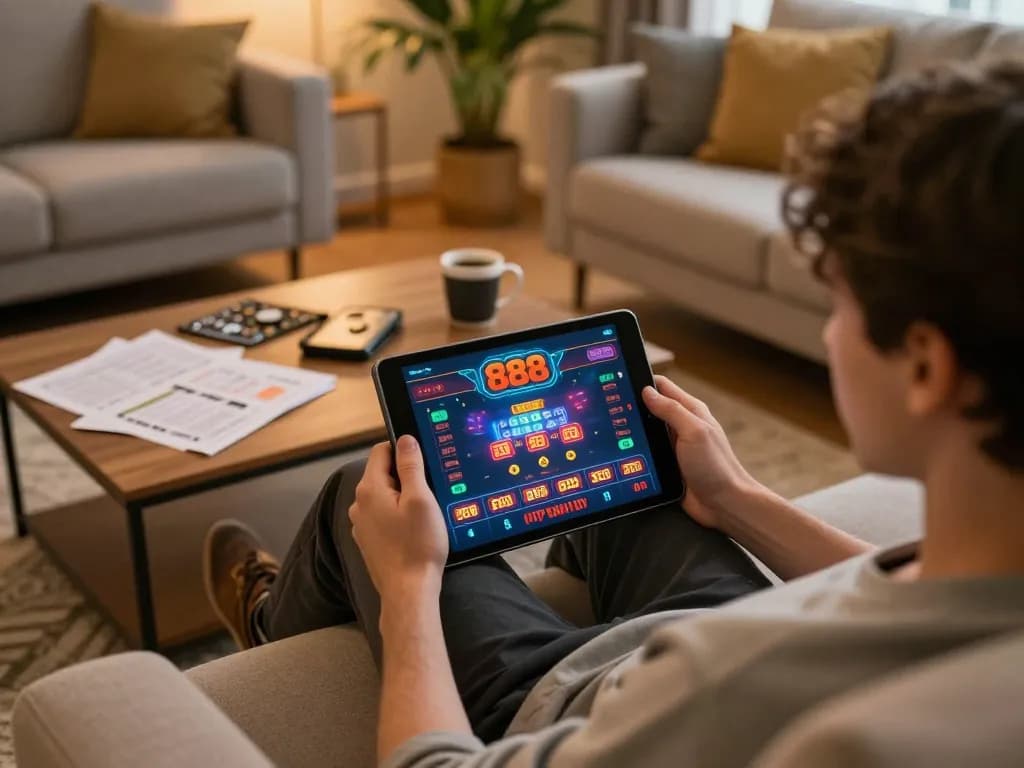 Engaging player using open888 casino app on a tablet in a cozy home setup.