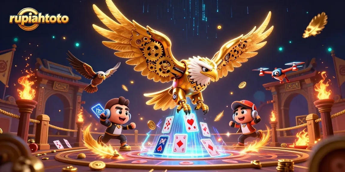 Tampilkan permainan menarik rupiahtoto dengan simbol slot dan koin emas menyebar di sekitar karakter kartun 3D.
