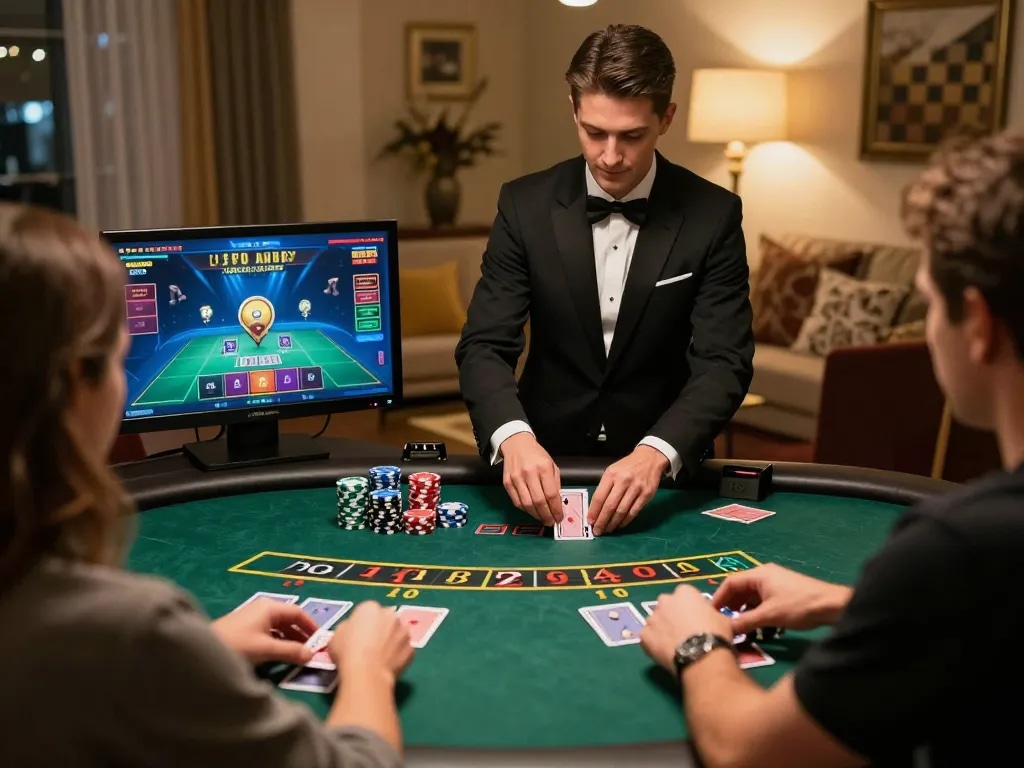 Online players enjoying GO88 blackjack at home, showcasing a live dealer gameplay experience with cozy decor.