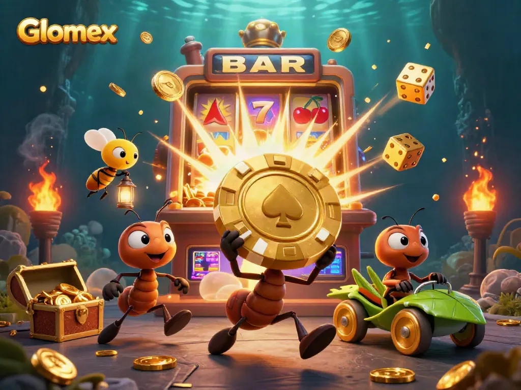 Ants team carrying a massive poker chip in a Glomex casino heist with lively game elements.