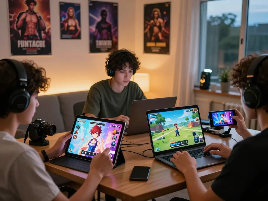 Players engaged in diverse porngames on multiple devices in a cozy gaming environment.