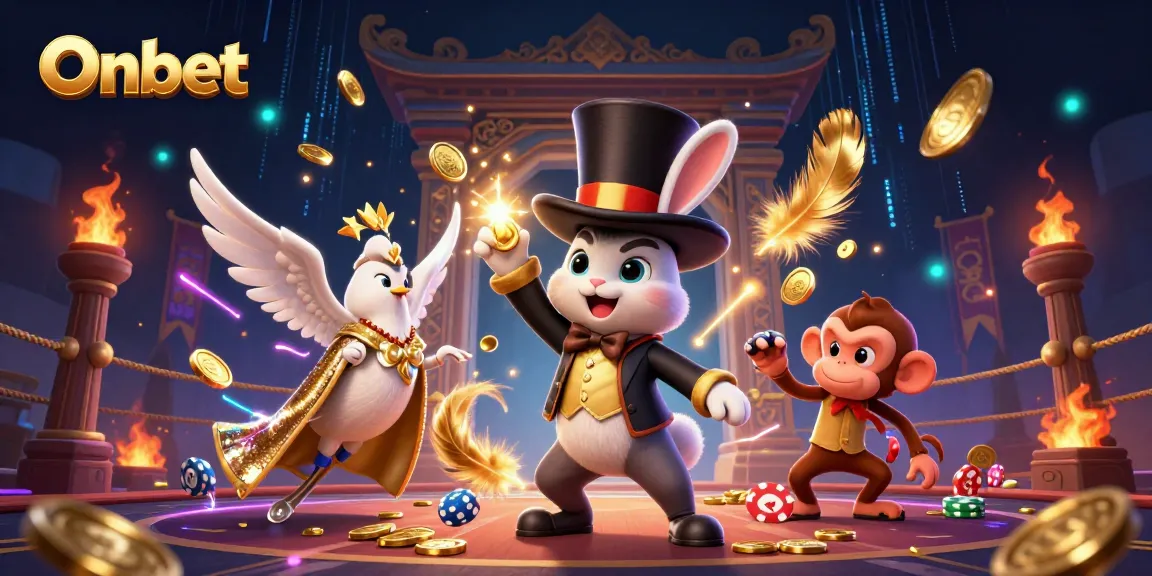 Experience Onbet's magic with a rabbit, dove, and monkey in a vibrant casino scene.