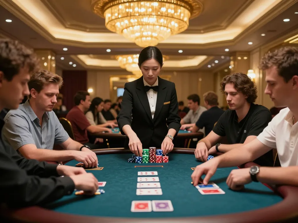Bong88 player focused on winning poker hand in upscale casino atmosphere, showcasing strategy and excitement