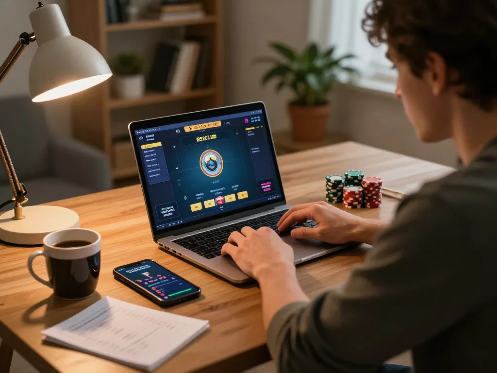 Engaged player navigating the B52CLUB online poker platform, surrounded by strategy notes and gaming chips.