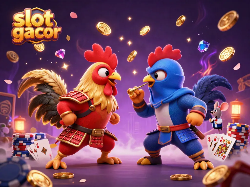 Menyaksikan aksi slot gacor dengan dua ayam bertarung dalam ilustrasi 3D penuh detail dan elemen kasino.