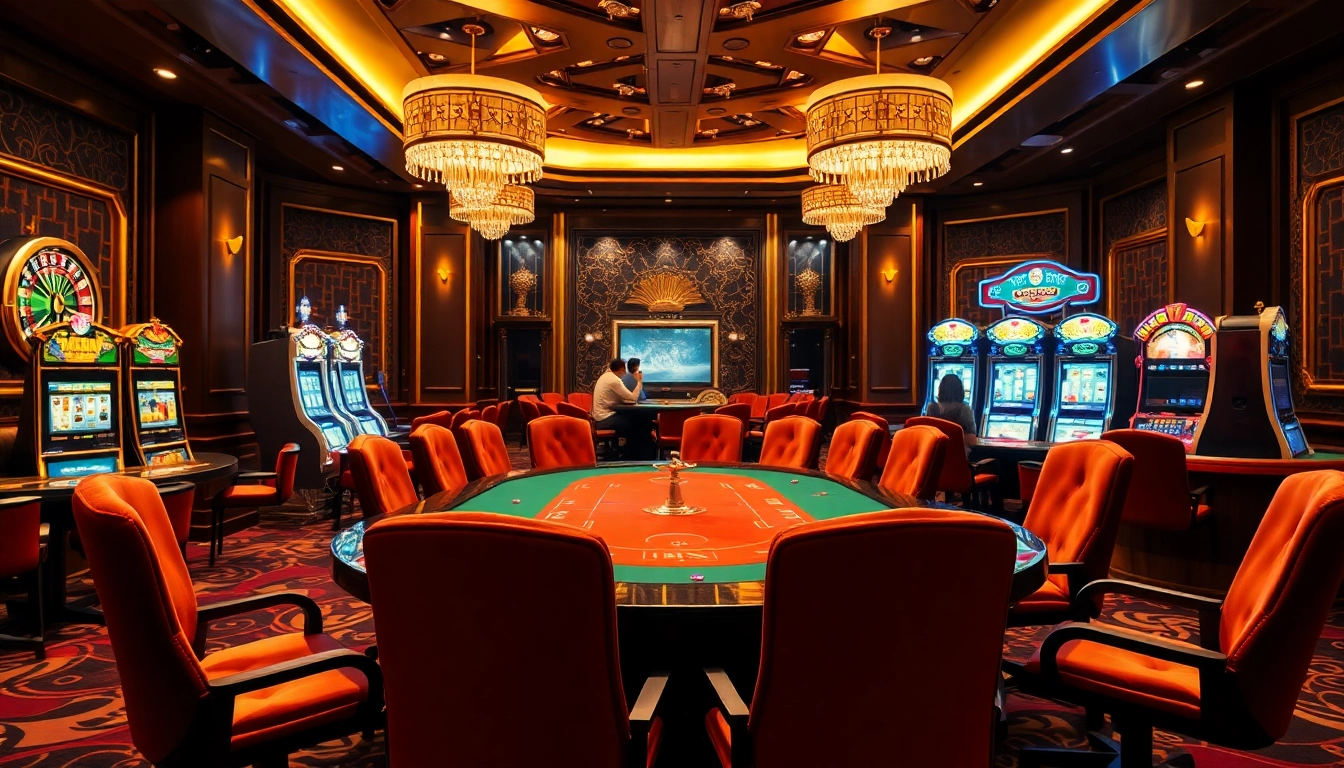 Experience the excitement of shbet là gì? at a luxurious casino with poker tables and slot machines.