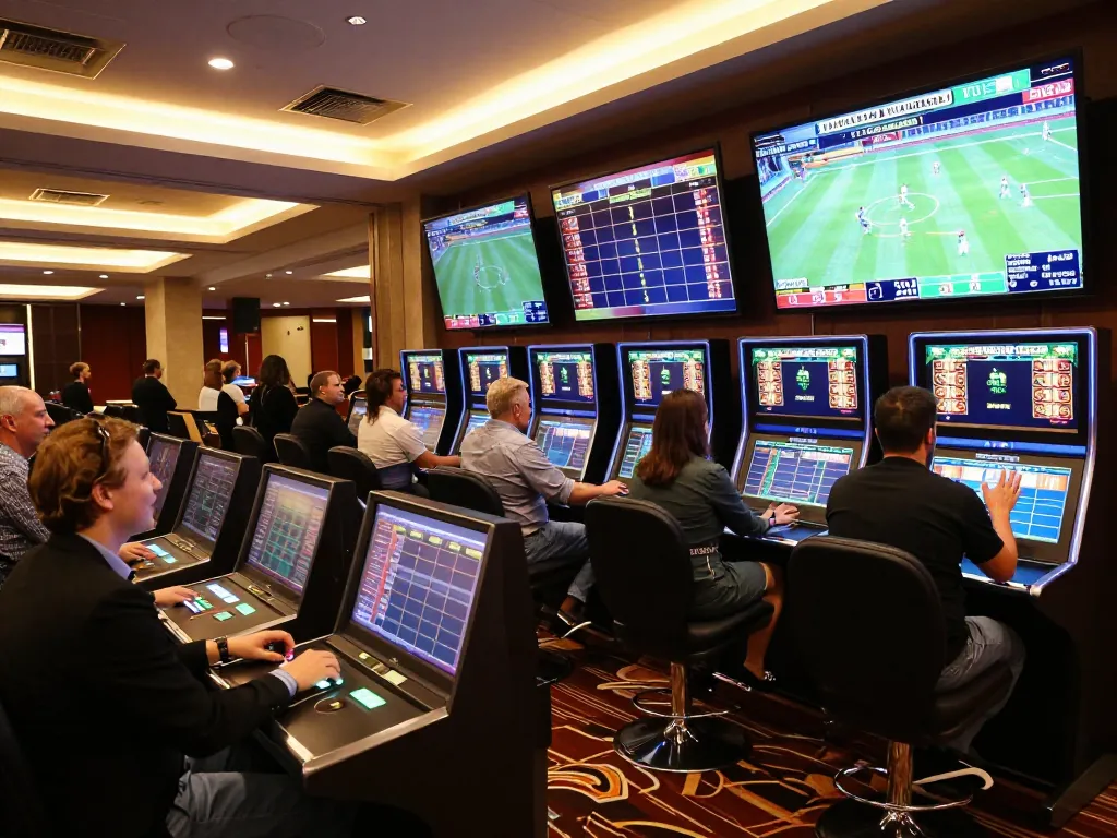 Sky88 club's exciting sports betting scene with patrons celebrating winning bets, vibrant atmosphere