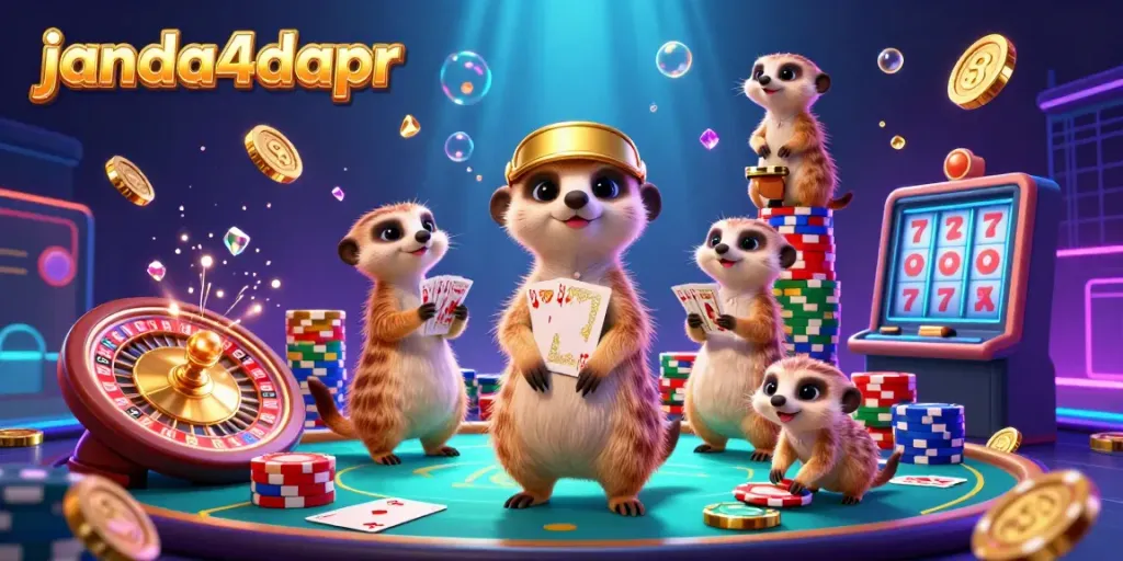 Cuplikan suasana kasino ceria di janda4dapr dengan meerkat bermain judi, penuh koin dan kartu.