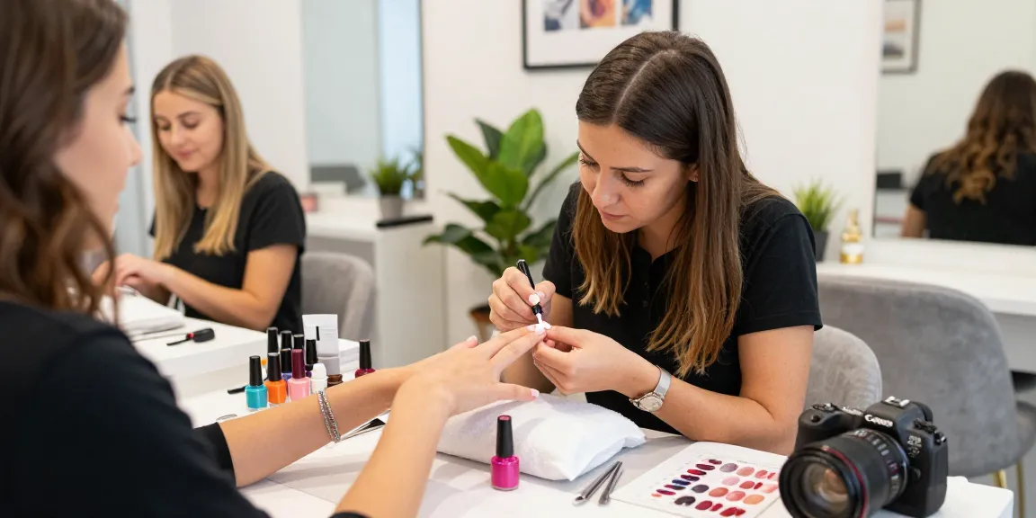 Beauty technician applying nail polish in a vibrant salon setting, showcasing nail art techniques.