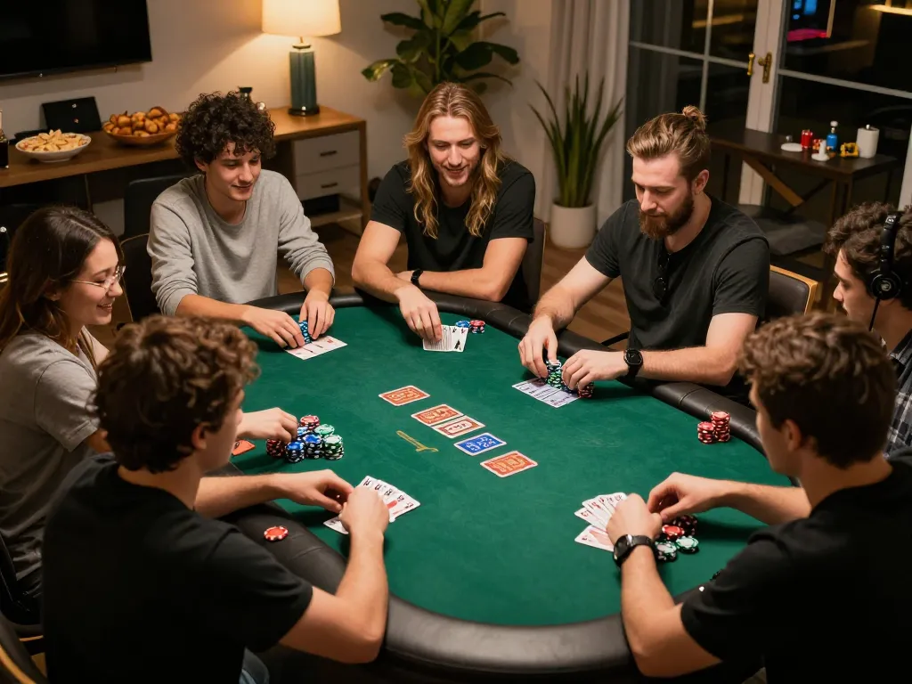 F8BET players enjoying a friendly poker game at home, vibrant cards and chips creating a lively atmosphere