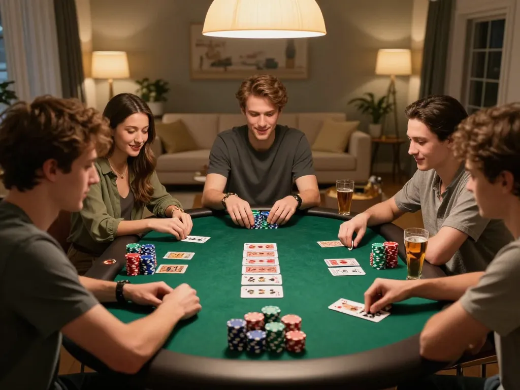 Sunwin poker players enjoying a home game night with chips and cards spread across the table.