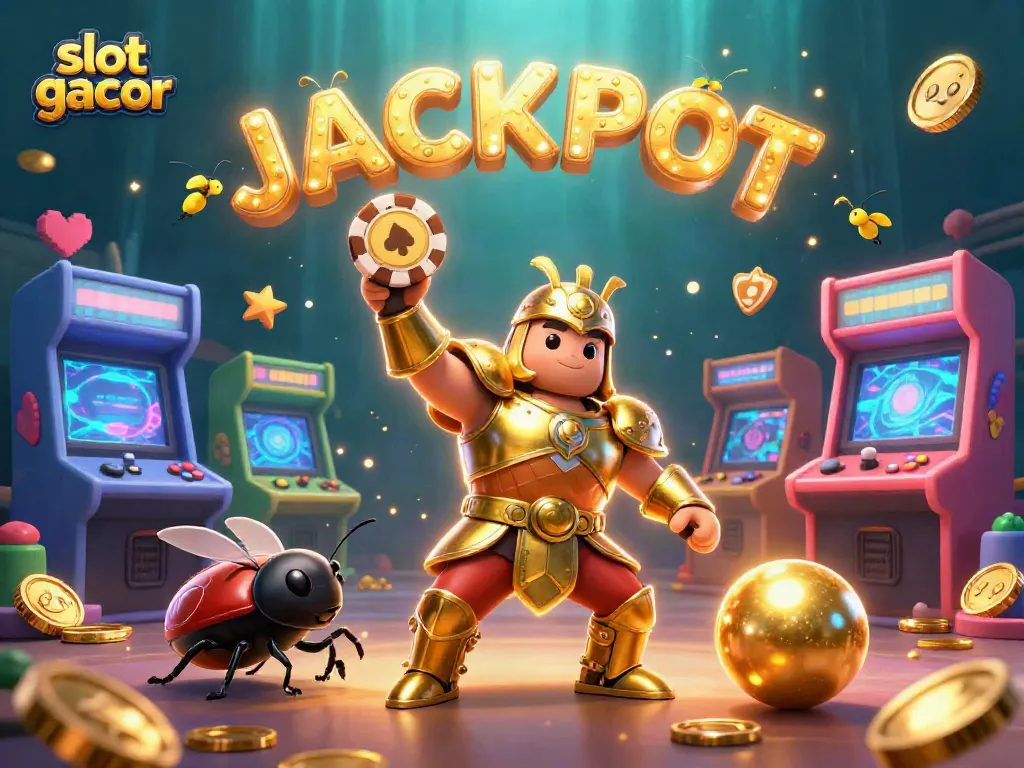 Menangkan slot gacor dengan ilustrasi kartun 3D yang menampilkan karakter pemenang dan simbol perjudian.