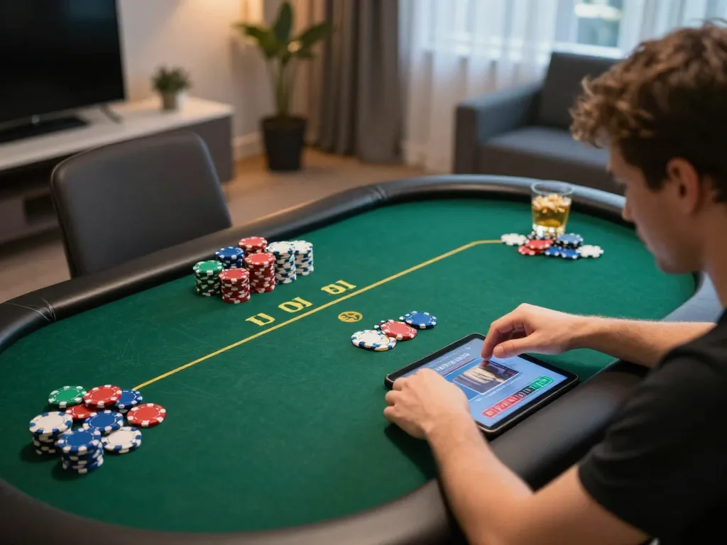 Engaging online poker session with vin88 on tablet showcasing strategic gameplay and colorful chips.