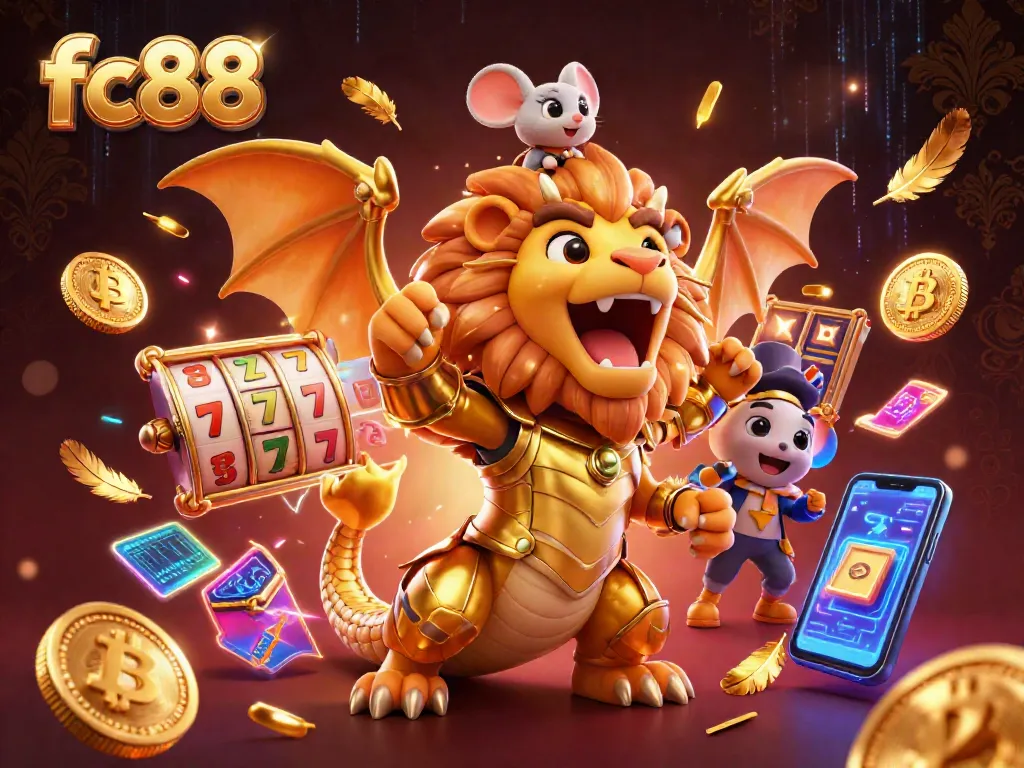 Experience exciting gameplay with fc88's slots featuring a golden chimera and crypto elements.