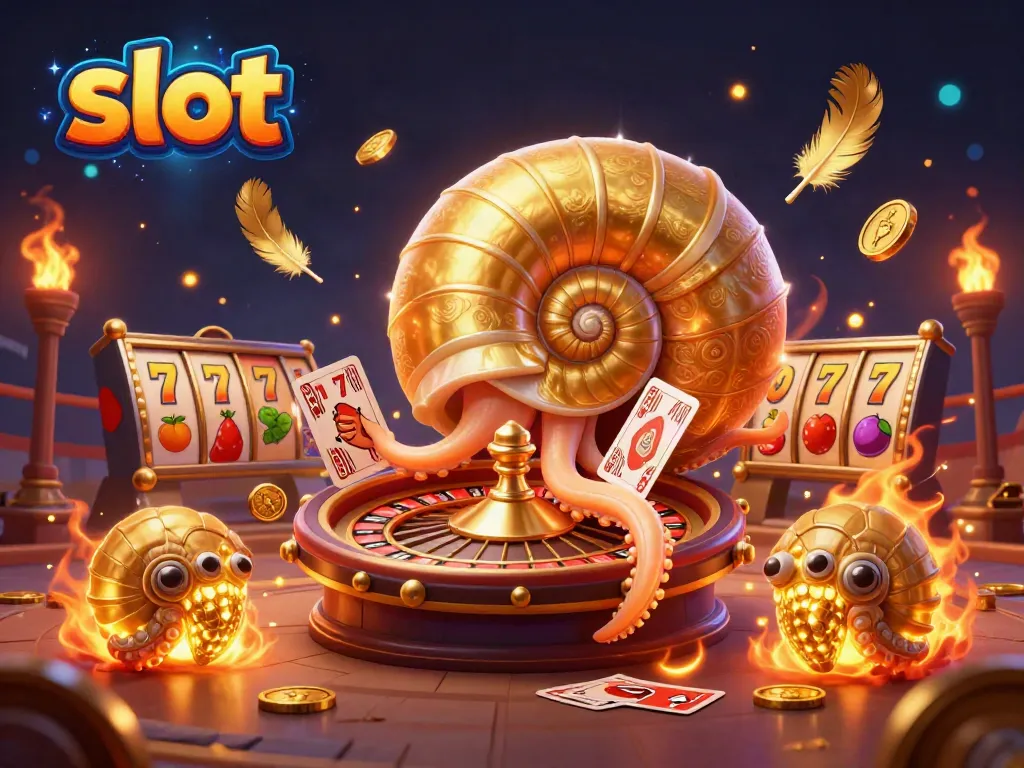 Engaging slot game illustration featuring a giant nautilus roulette wheel and slot elements in vibrant detail.