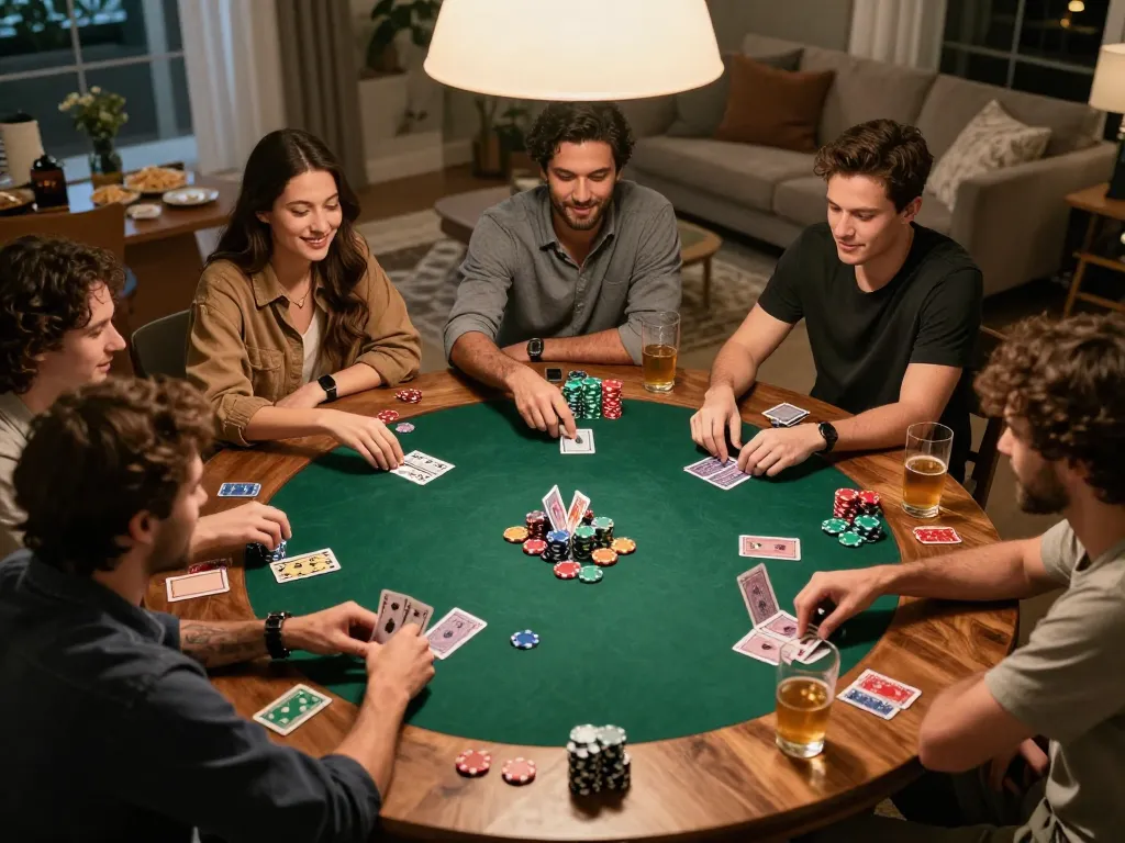 Friends enjoying a competitive poker game at home, showcasing 388bet gameplay atmosphere and excitement.