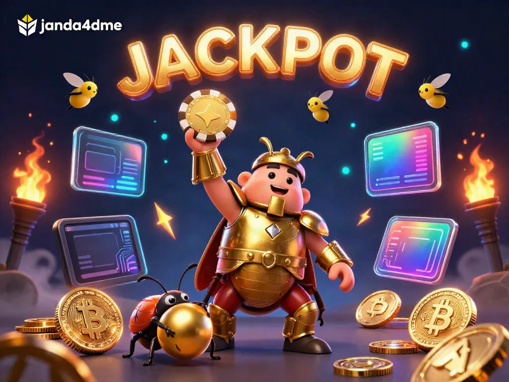 Permainan jackpot janda4dme dengan karakter unik, koin Bitcoin dan Ethereum, serta efek cahaya menawan.