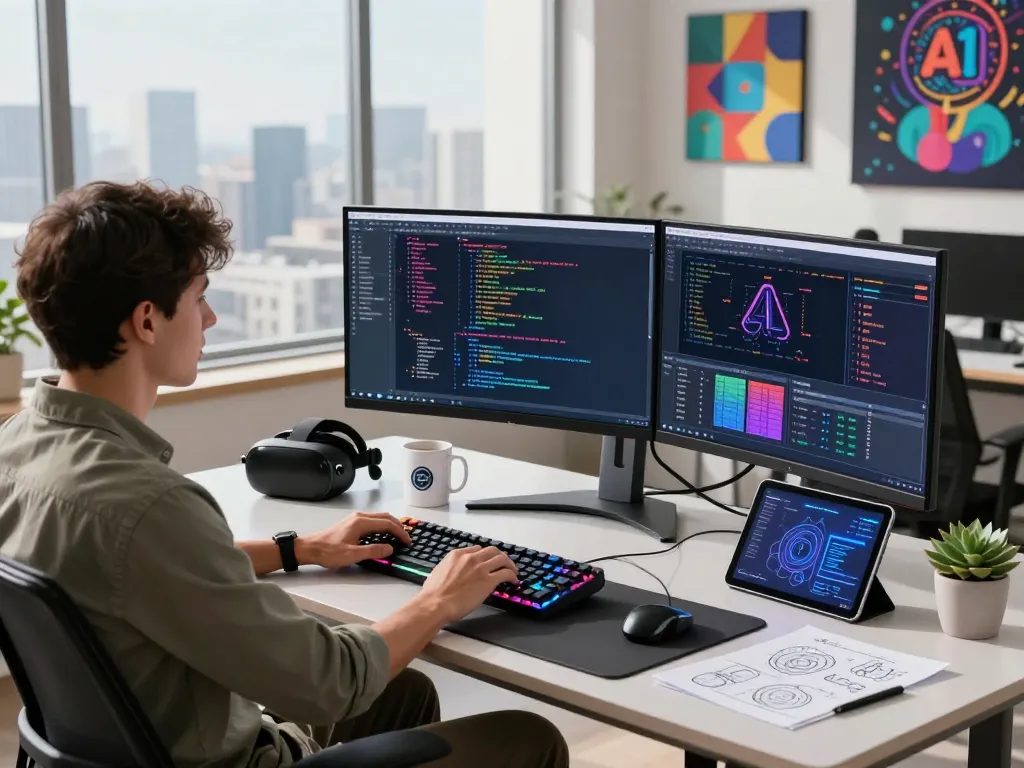 Developer engaged in creating juicy ai algorithms at a modern workspace with advanced tech.