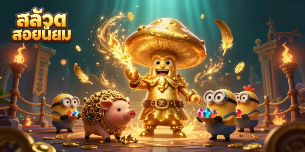 Engage in exciting สล็อตยอดนิยม gameplay with a golden mushroom wizard and his treasure-seeking companions.
