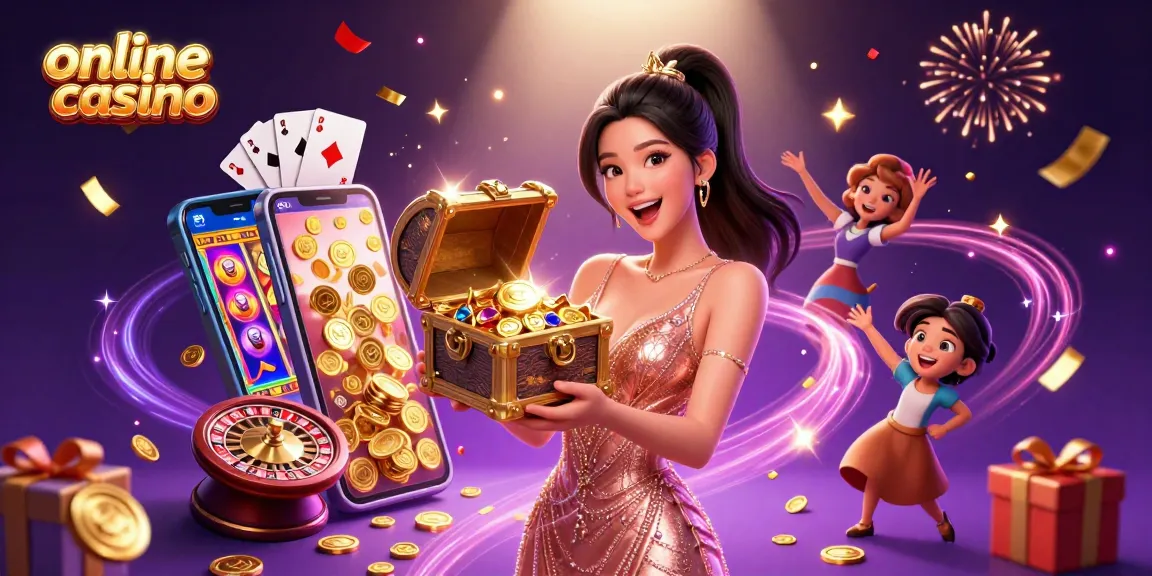 Experience the excitement of the online casino with a joyful woman presenting a treasure chest overflowing with riches.