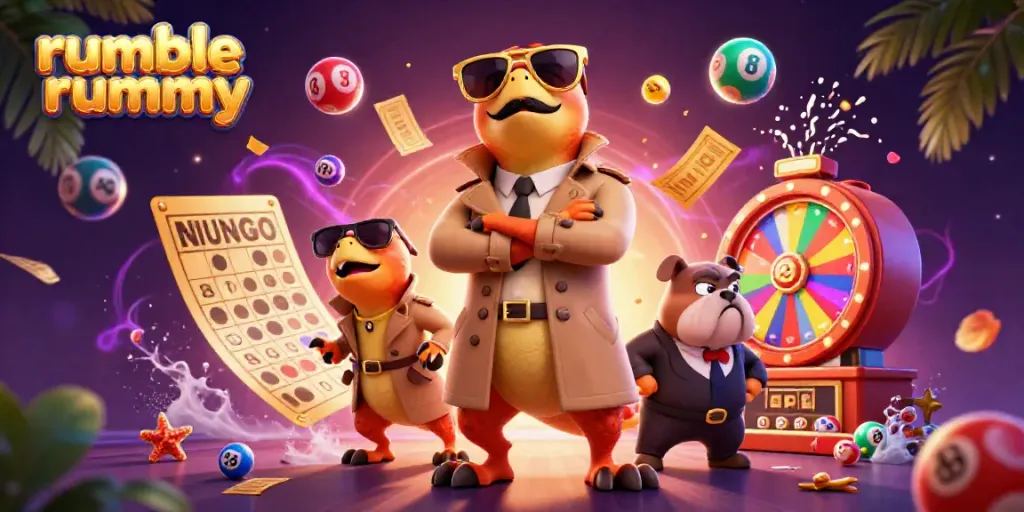 Experience the thrill of playing rumble rummy with cartoon raptors and vibrant casino elements.